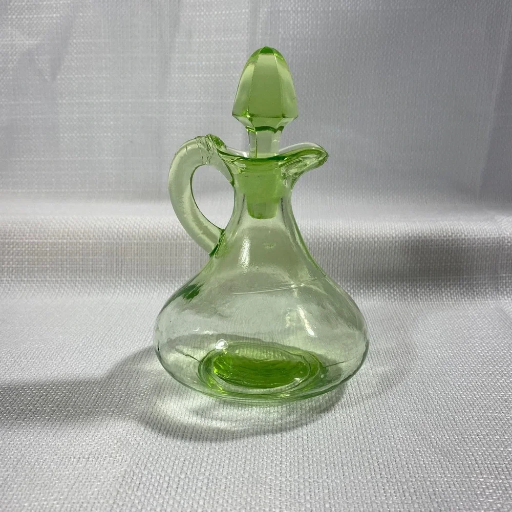Vintage Uranium Glass Cruet with Stopper Green Vaseline Glass Pitcher UV Glow‎